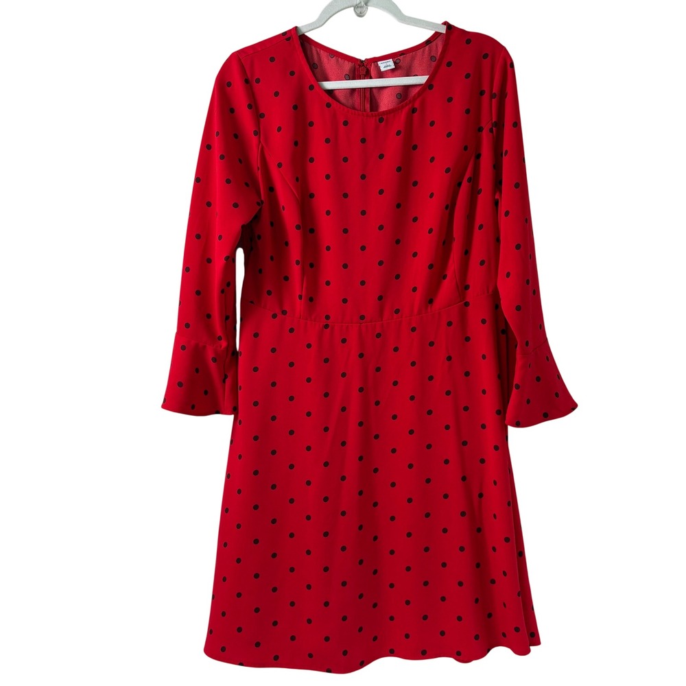 Old Navy Polka Dot Dress Womens L Red Black Bell Sleeve Smocked Back Fit & Flare